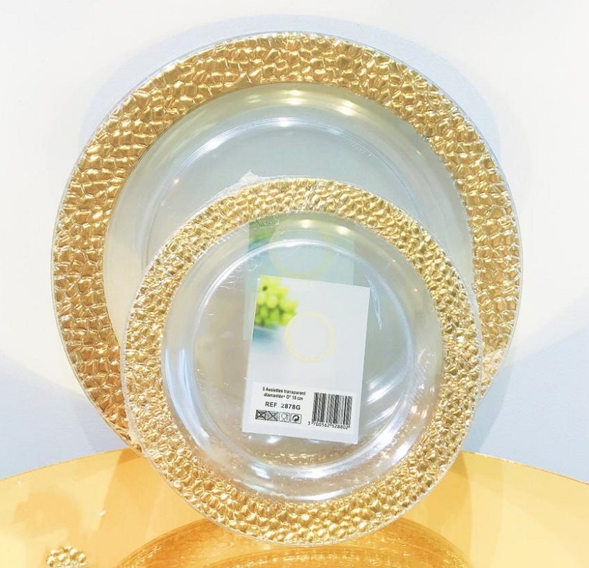5 Assiettes transparentes  avec bordure diamantées 